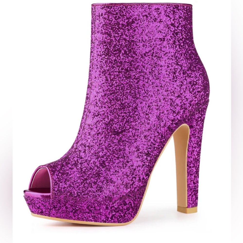 ALLEGRA K Purple Magenta Glitter Platform Peep Toe High Heel Ankle Boots, 8.5